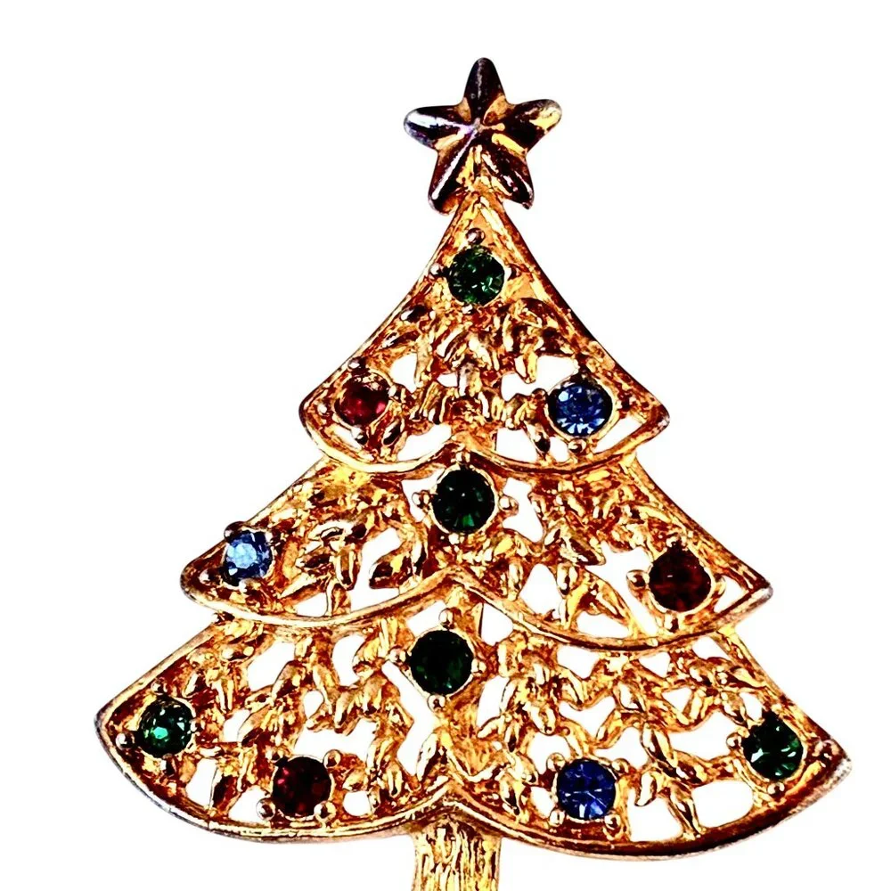 Eisenberg Ice Vtg Christmas Tree Brooch Pin Gold Tone Multi-color Rhinestones